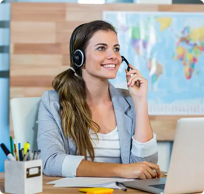 A woman wearing a headset