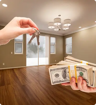 A person stands in front of a house,